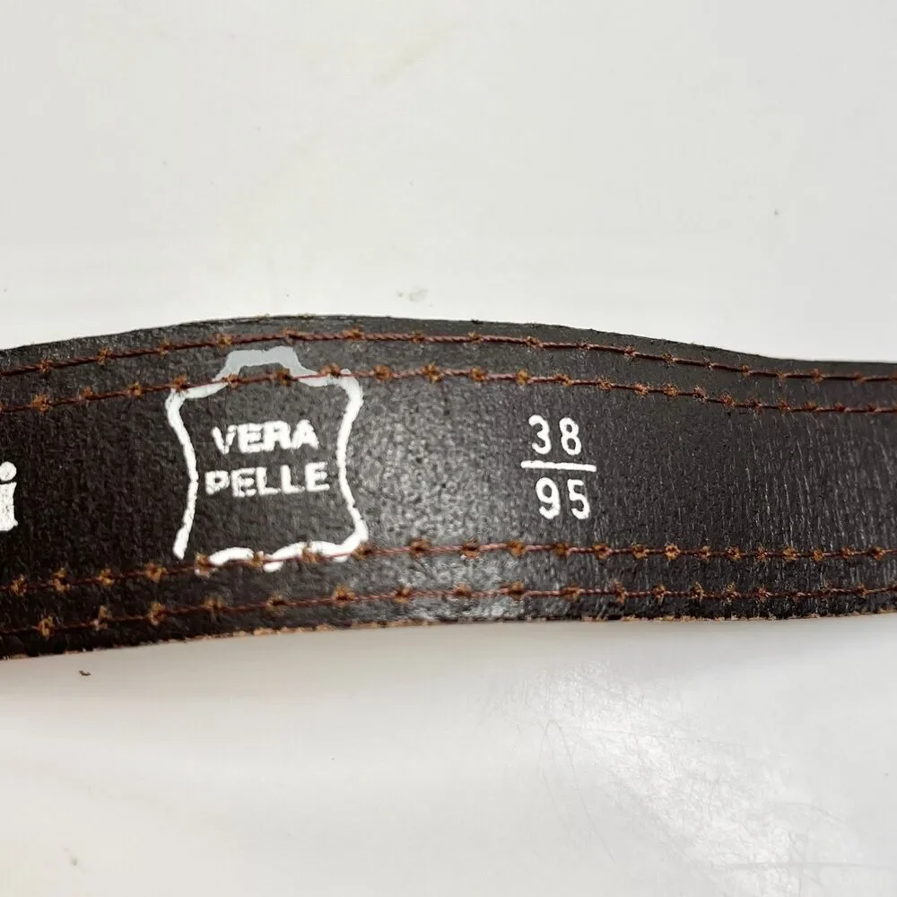 Vtg Pierre Carlini Mens Nautical Flag Blue Ribbon Brown Leather Belt Size 38 M
